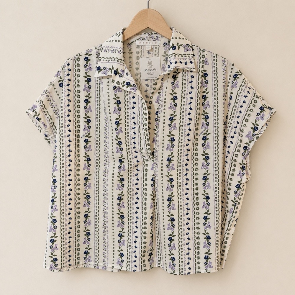 Karlie Floral Stripe Button Up Blouse Cream Purple Blue S NWT Cottagecore